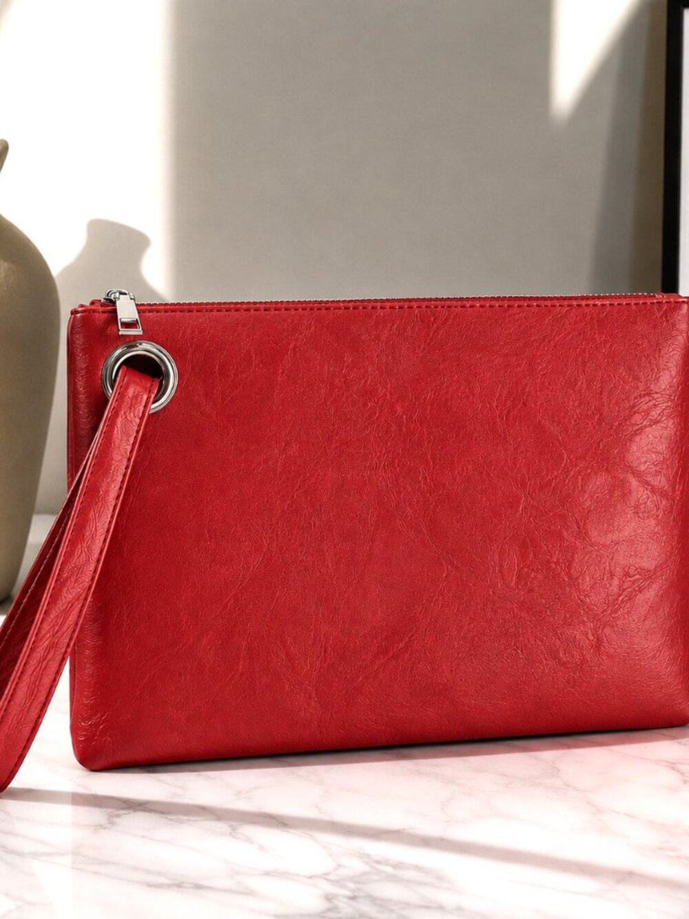 Large Red Clutch Purse Wristlet Faux Leather Zip Evening Bag Oversized Pouch - Picture 3 of 5